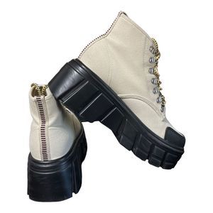Zara Womens Tan Canvas Thick Sole Chunky Ankle Lace Up Boots Size US 7 UK 38